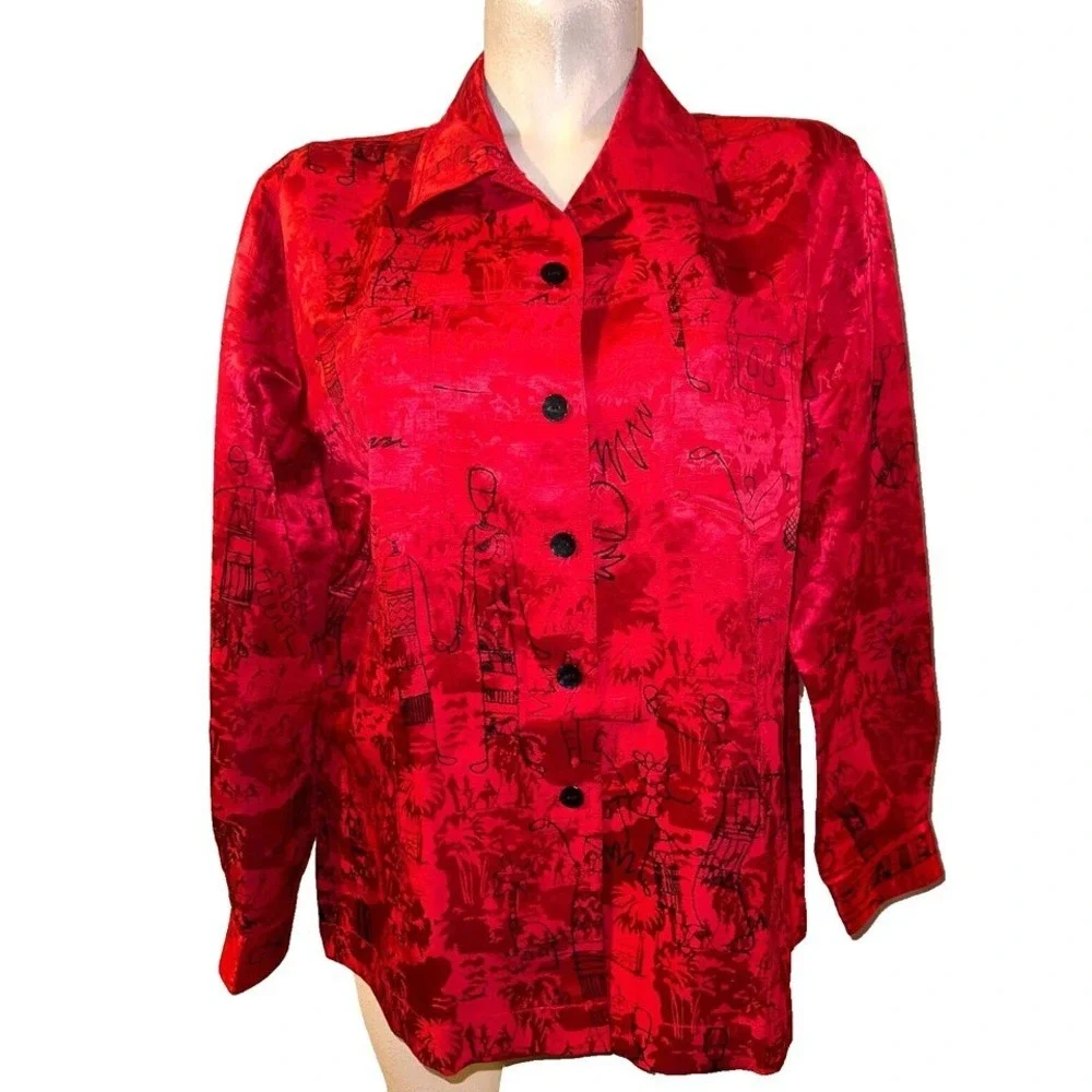 Chico's Red Silk Linen Blend Button Front Shirt Tropical Print Size L (2) Artsy - Picture 1 of 8